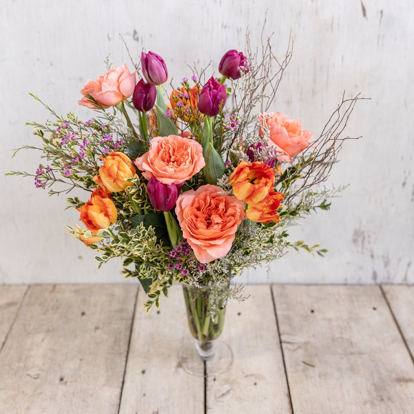 Peach Roses + Purple Tulips