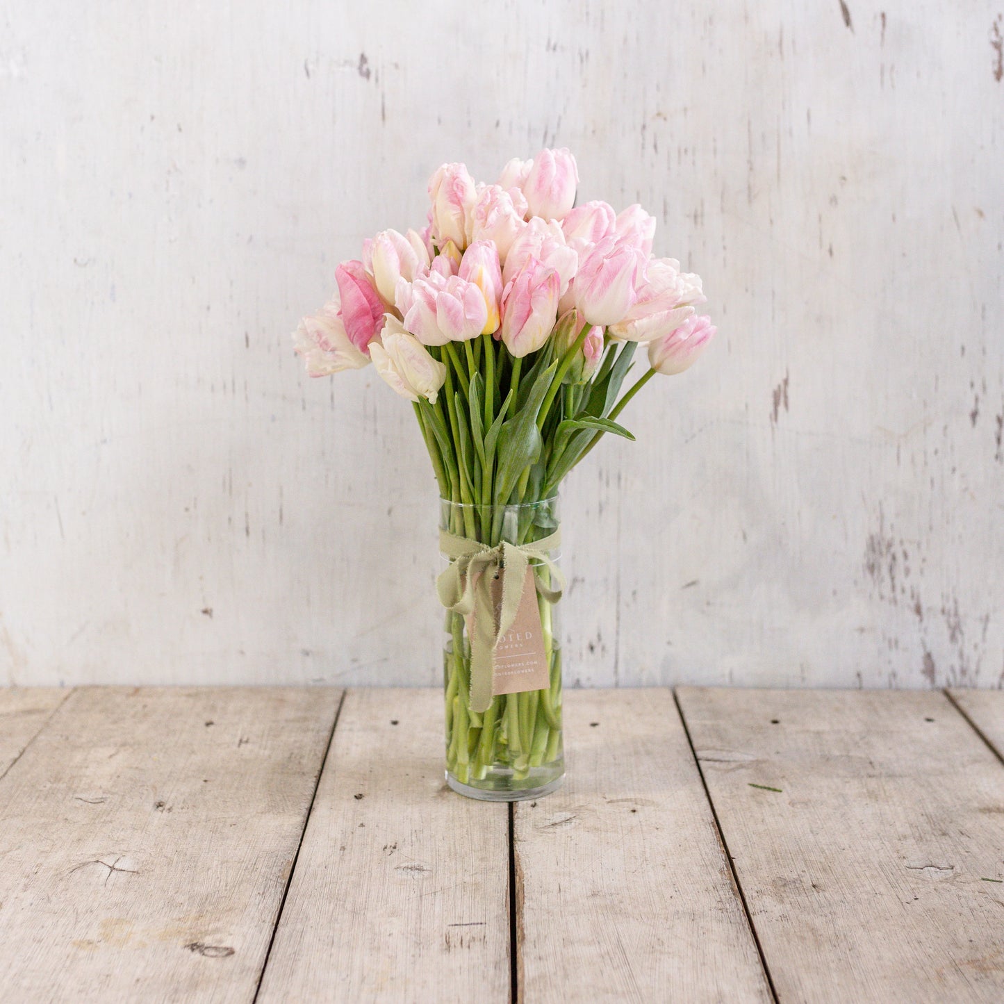 40-Stem Pink Tulip Vase + Ribbon